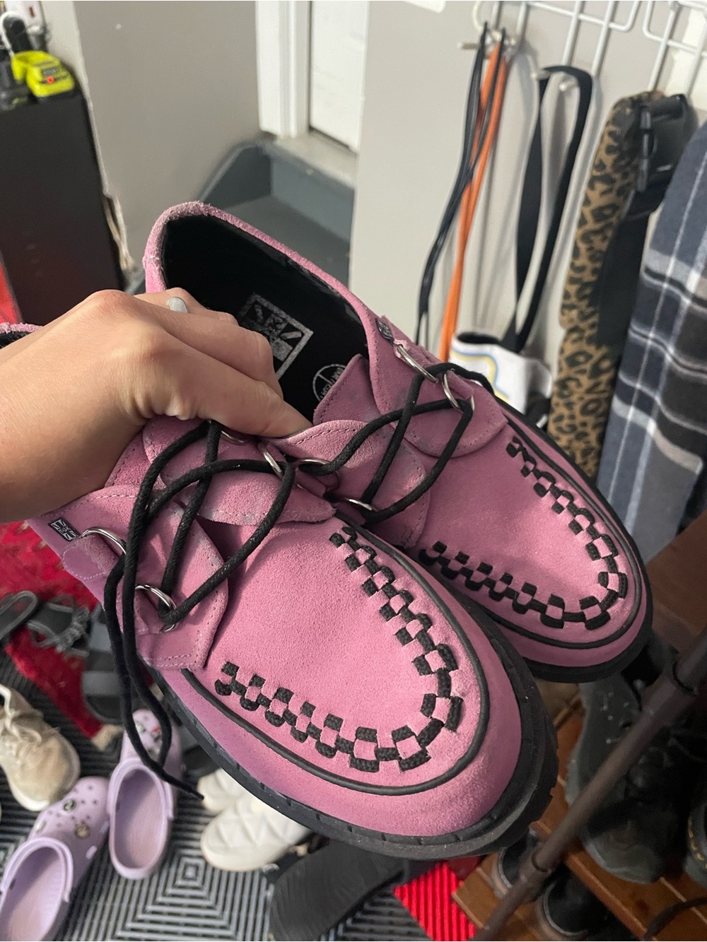 Pink Suede T.U.K. Creeper Shoes with Black Stitching